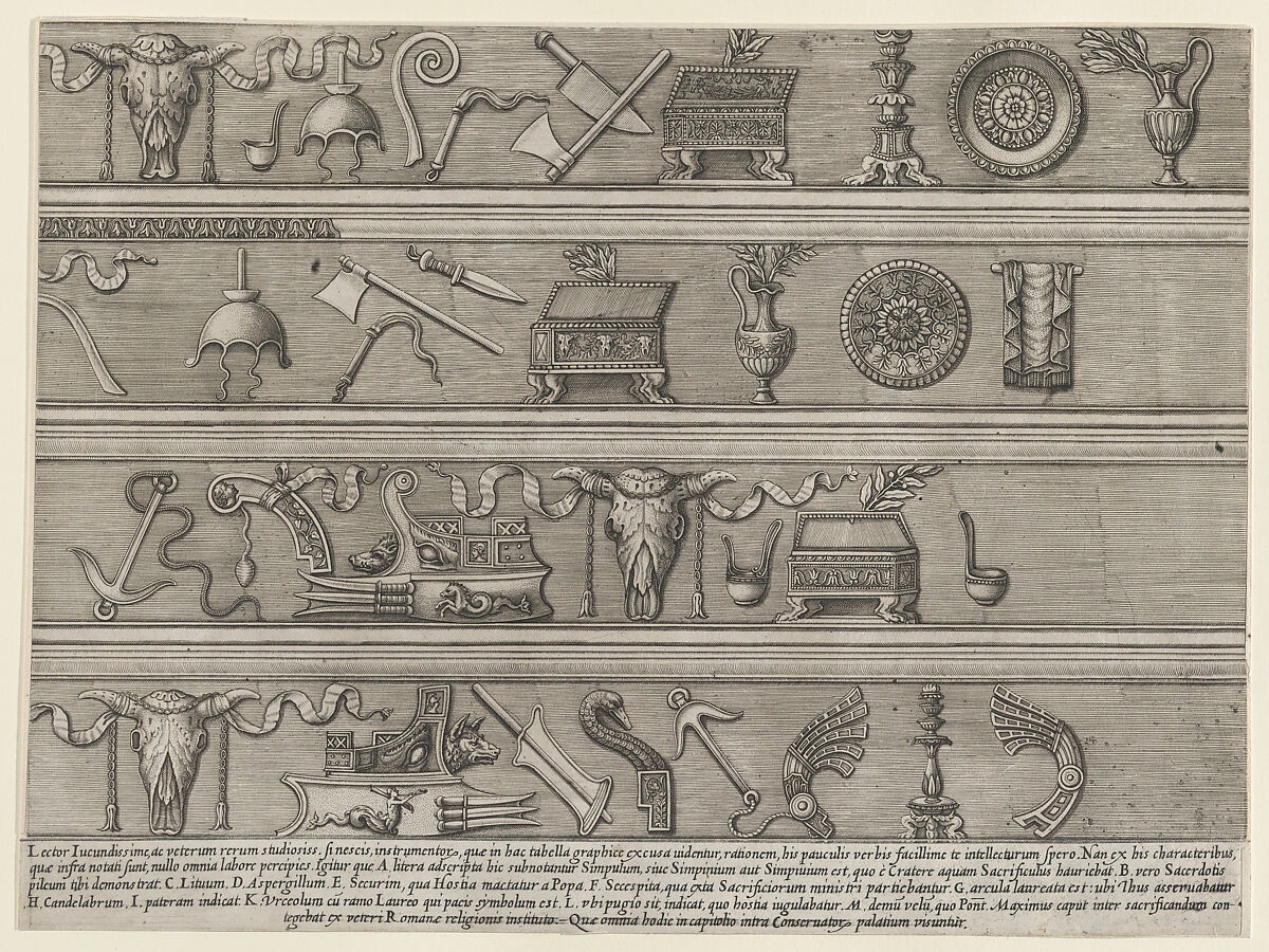 Sacrificial Instruments Based on Ancient Relief Sculpture, from "Speculum Romanae Magnificentiae", Attributed to Nicolas Beatrizet (French, Lunéville 1515–ca. 1566 Rome (?)), Engraving