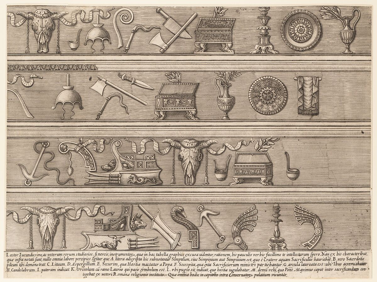 Sacrificial Instruments Based on Ancient Relief Sculpture, from "Speculum Romanae Magnificentiae", Attributed to Nicolas Beatrizet (French, Lunéville 1515–ca. 1566 Rome (?)), Engraving 