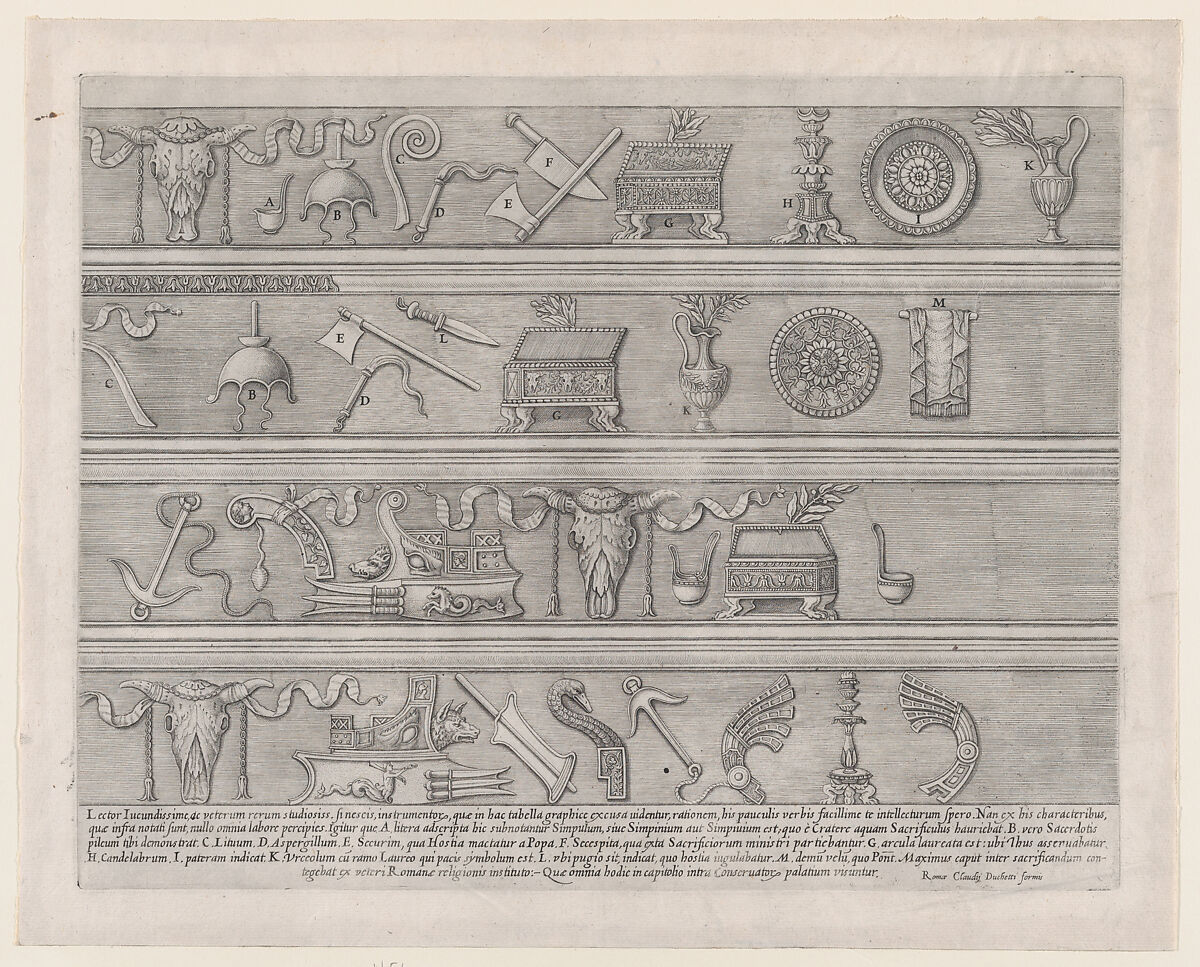 Sacrificial Instruments Based on Ancient Relief Sculpture, from "Speculum Romanae Magnificentiae", Attributed to Nicolas Beatrizet (French, Lunéville 1515–ca. 1566 Rome (?)), Engraving