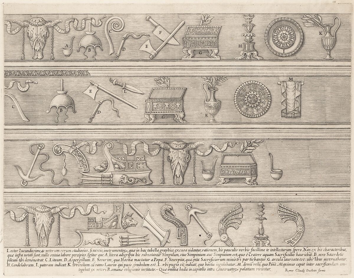 Sacrificial Instruments Based on Ancient Relief Sculpture, from "Speculum Romanae Magnificentiae", Attributed to Nicolas Beatrizet (French, Lunéville 1515–ca. 1566 Rome (?)), Engraving 