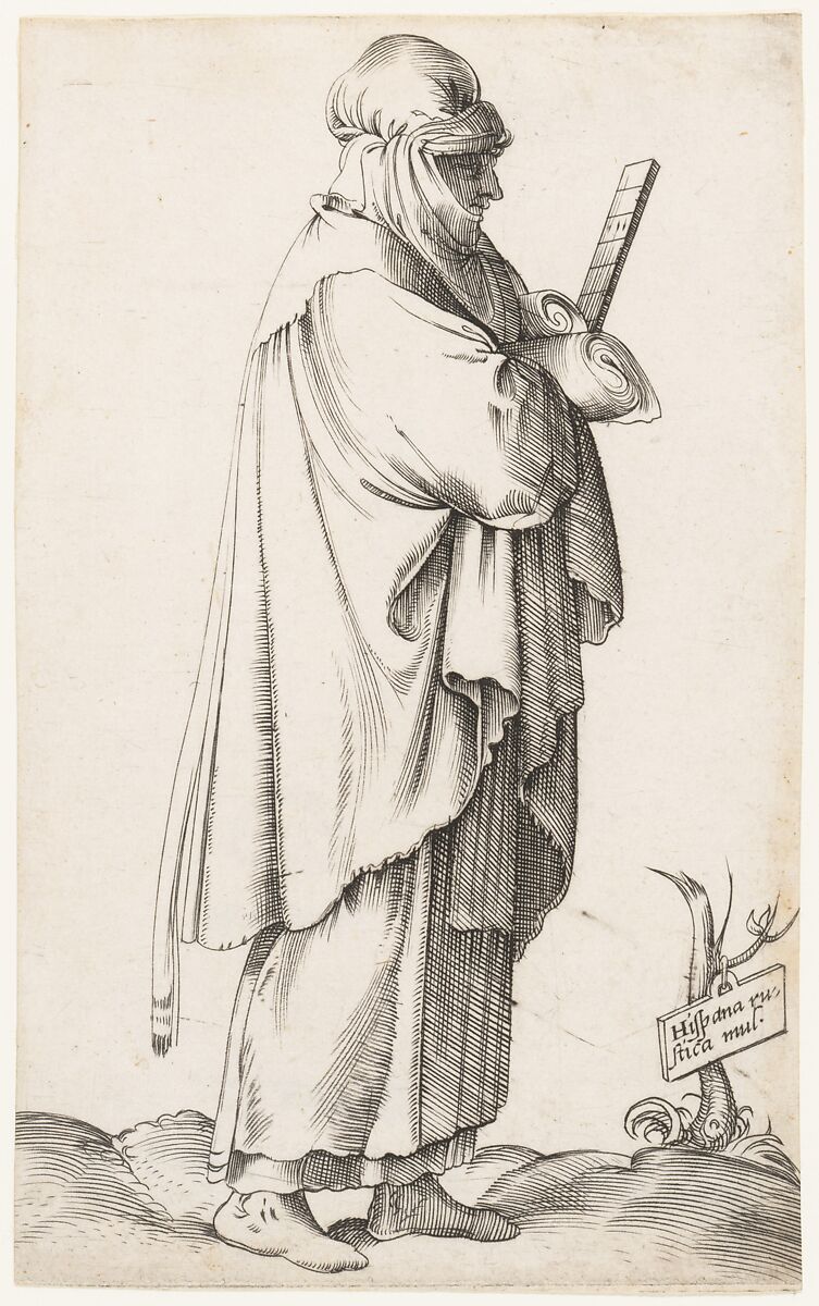 Costume Plate: Hispana Rustica mul. (with cloth and fan), Enea Vico (Italian, Parma 1523–1567 Ferrara), Engraving 