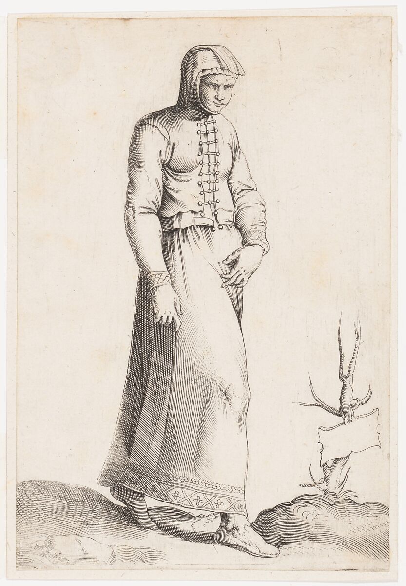 Costume Plate: Woman with Hooded Garment, Engraved by Enea Vico (Italian, Parma 1523–1567 Ferrara), Engraving 