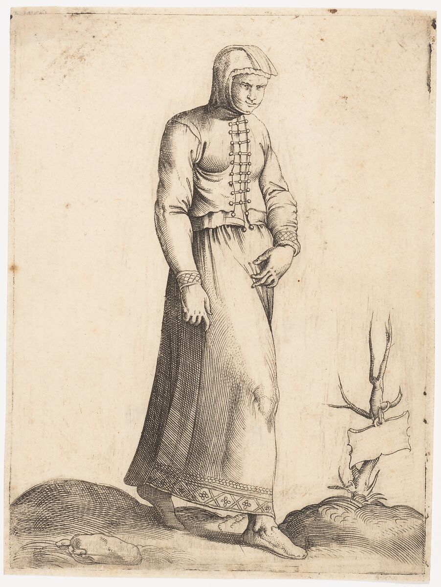 Costume Plate: Woman with Hooded Garment, Engraved by Enea Vico (Italian, Parma 1523–1567 Ferrara), Engraving 