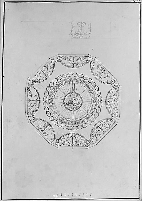 Design for WIthdrawing Room Ceiling at Hagley Park, Staffordshire, James Wyatt (British, Weeford, Staffordshire 1746–1813 near Marlborough, Wiltshire), Pen and ink, over graphite 