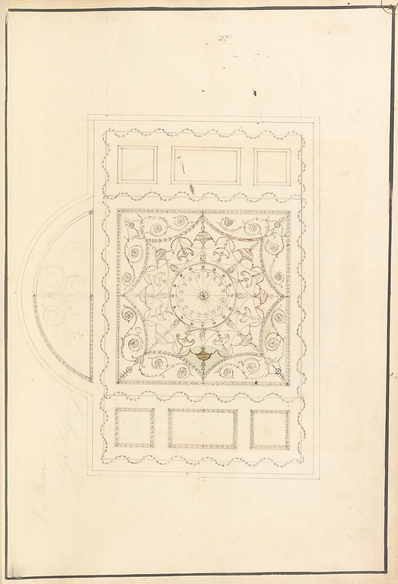 Design for Ceiling of Ladies' Dressing Room at the Pantheon, Oxford Street, London, James Wyatt (British, Weeford, Staffordshire 1746–1813 near Marlborough, Wiltshire), Pen and ink, watercolor, over graphite 