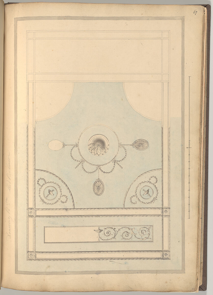 Design for Drawing Room Ceiling, Castlecoole, County Fermanagh, Ireland, James Wyatt (British, Weeford, Staffordshire 1746–1813 near Marlborough, Wiltshire), Pen and ink, watercolor, over graphite 