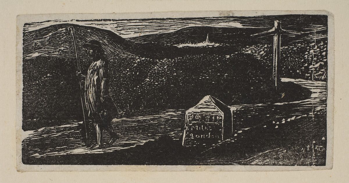Colinet's Journey, Milestone Marked 'LXII Miles to London', from Thornton's "Pastorals of Virgil", William Blake (British, London 1757–1827 London), Wood engraving; second state 