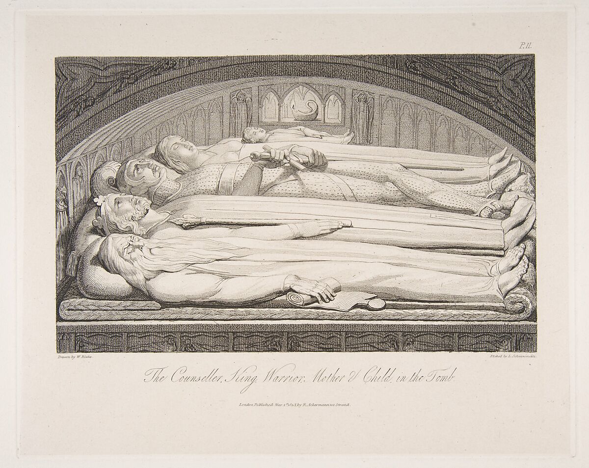 The Counsellor, King, Warrior, Mother & Child in the Tomb, from "The Grave," a Poem by Robert Blair, After William Blake (British, London 1757–1827 London), Engraving 
