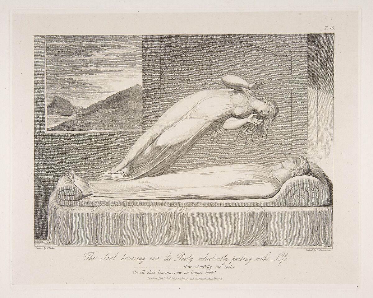 The Soul Hovering over the Body, Reluctantly Parting with Life, from "The Grave," a Poem by Robert Blair, After William Blake (British, London 1757–1827 London), Engraving 