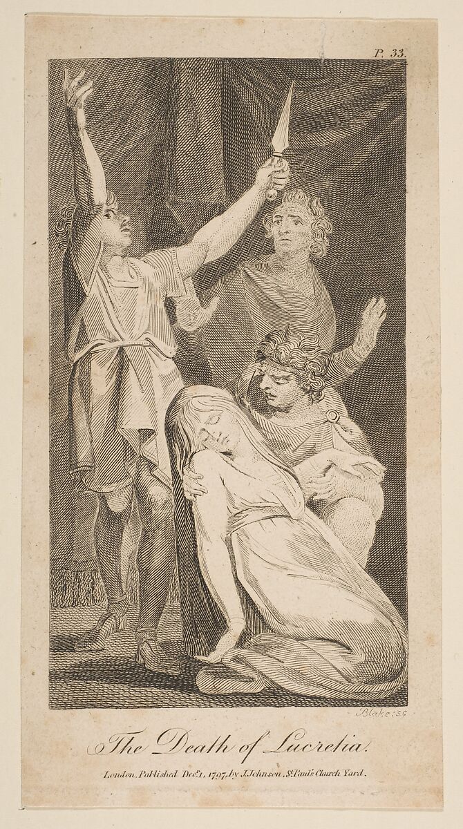 The Death of Lucretia, from Allen's "New and Impartial Roman History", William Blake (British, London 1757–1827 London), Engraving 