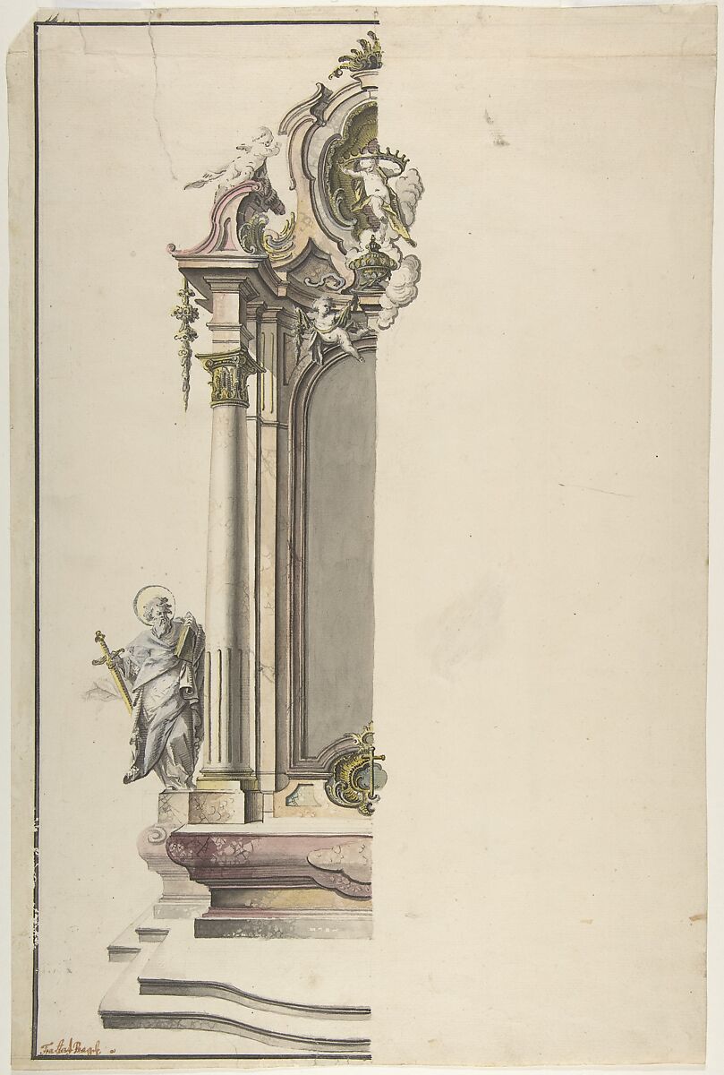 Design for an Aedicular Altar with St. Paul at the Left, Johann Georg Dirr (German, Weilheim 1723–1779 Mimmenhausen), Graphite, gray wash, watercolor, and white gouache. Broad framing line in pen and black ink 