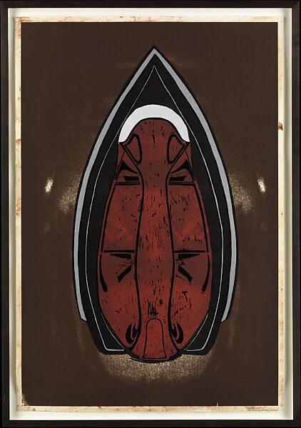 Man Spirit Mask, Willie Cole (American, born Newark, New Jersey, 1955), Left panel: Photo-etching, embossing, and hand coloring
Middle panel: Screenprint 
Right panel: Photo-etching and woodcut