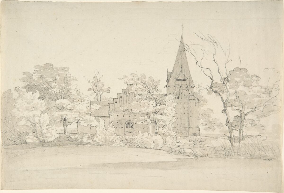 The Aller Church in Sønderjyllands Amt (Denmark), seen from the North, Johan Christian Dahl (Norwegian, Bergen 1788–1857 Dresden), Graphite, brush and brown wash; framing lines in graphite, probably by the artist 