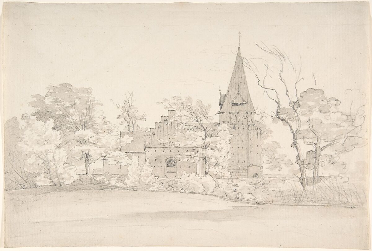 The Aller Church in Sønderjyllands Amt (Denmark), seen from the North, Johan Christian Dahl (Norwegian, Bergen 1788–1857 Dresden), Graphite, brush and brown wash; framing lines in graphite, probably by the artist