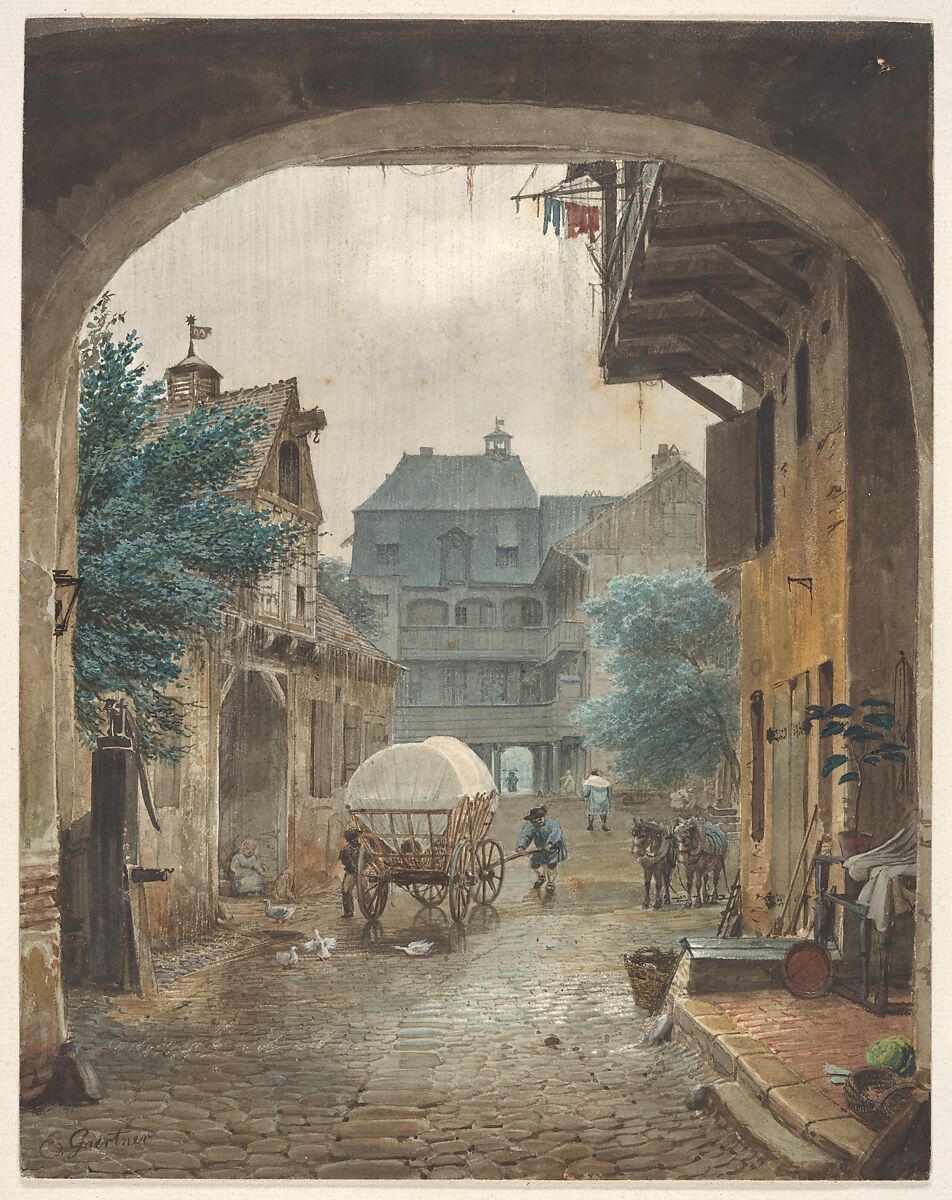 View into the Courtyard of an Inn at Colmar, Eduard Gaertner (German, Berlin 1801–1877 Zechlin), Watercolor, over a sketch in graphite 