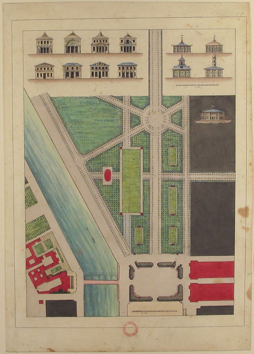 Jardin Public, Champs Elysées, Gabriel Thouin (French, 1747–1829), Pen and black ink, brush and gray wash, and watercolor over graphite underdrawing