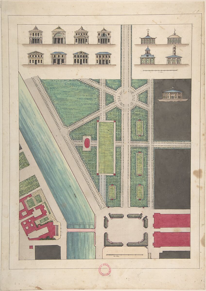 Jardin Public, Champs Elysées, Gabriel Thouin (French, 1747–1829), Pen and black ink, brush and gray wash, and watercolor over graphite underdrawing 