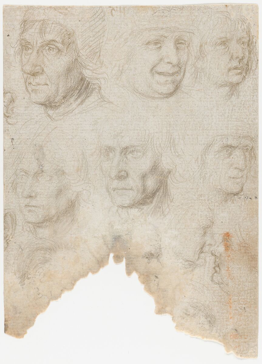 Studies of ten (?) heads and two ears (recto); Studies of three figures and a head (verso), Gerard David (Netherlandish, Oudewater ca. 1455–1523 Bruges), Metalpoint on prepared paper; verso: black chalk 