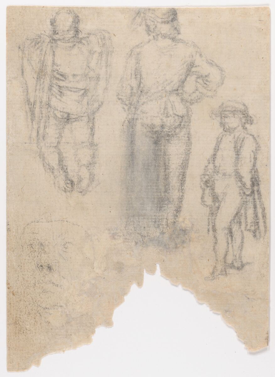 Studies of ten (?) heads and two ears (recto); Studies of three figures and a head (verso), Gerard David (Netherlandish, Oudewater ca. 1455–1523 Bruges), Metalpoint on prepared paper; verso: black chalk