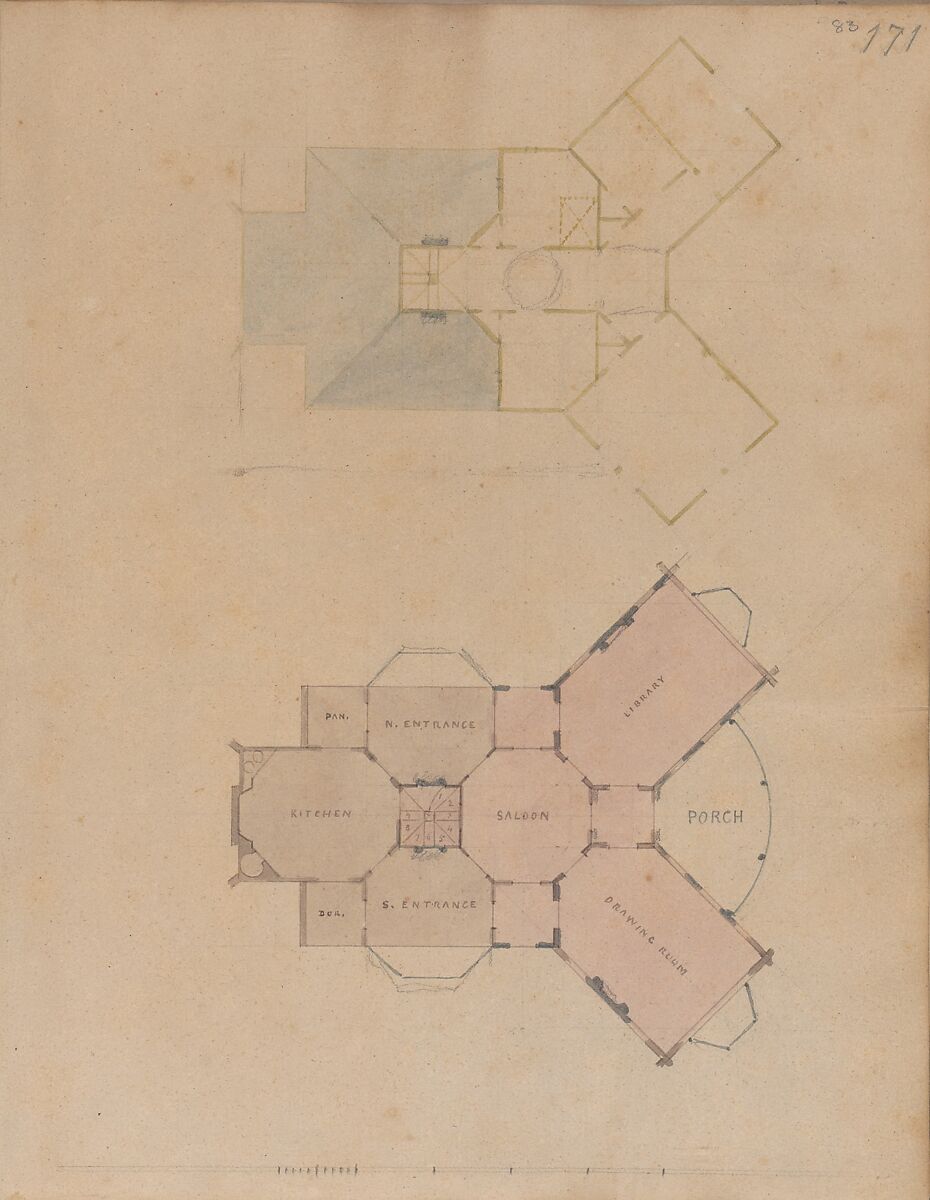 A. J. Davis, Scrapbook III: Hut Cottages, Villas and Dwelling Houses, in Town and Country, Alexander Jackson Davis (American, New York 1803–1892 West Orange, New Jersey), Bound pages mounted with drawings and prints 