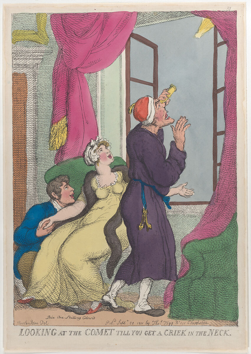 Looking at the Comet till You Get a Crick in the Neck, Thomas Rowlandson (British, London 1757–1827 London), Hand-colored etching 