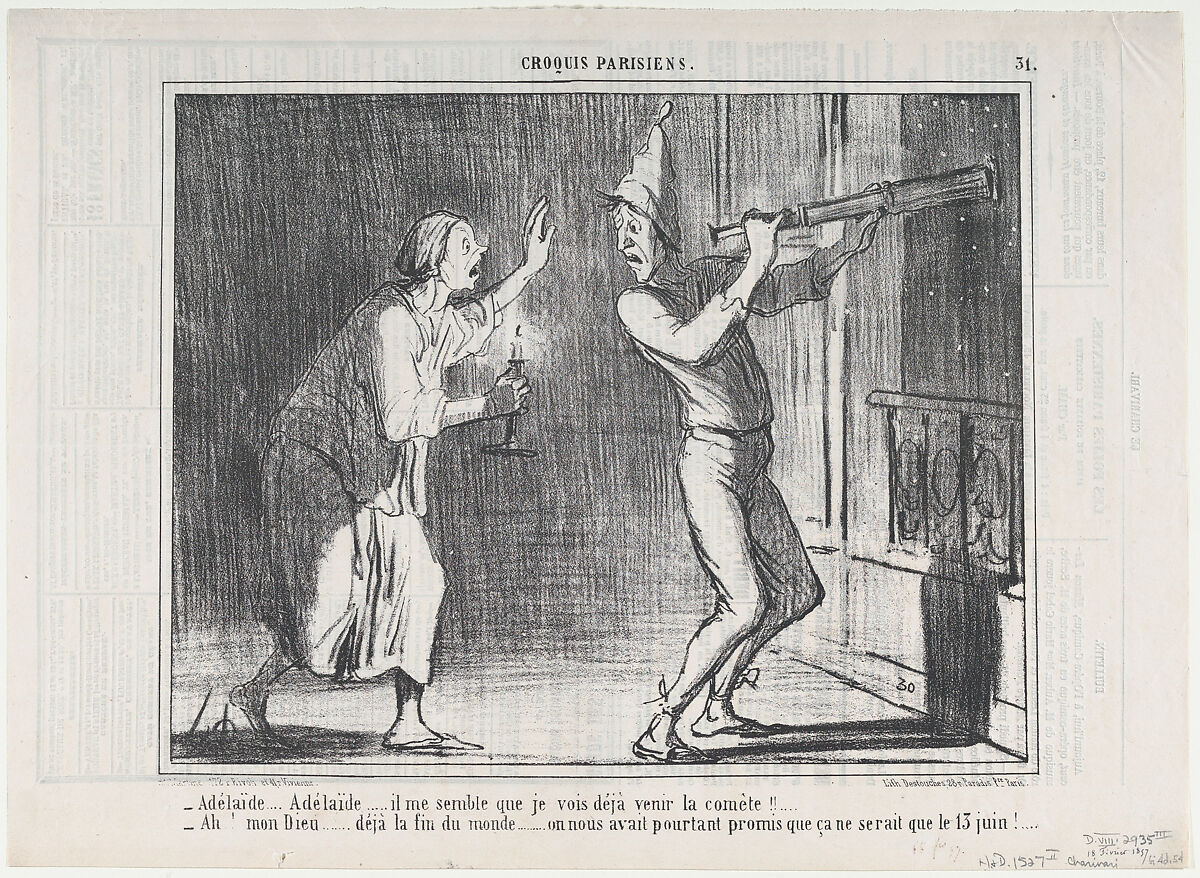 Adèlaïde...Il me semble que je vois...la comète! (Adelaide...I think I see the comet!), from Croquis Parisiens, published in Le Charivari, February 18, 1857, Honoré Daumier (French, Marseilles 1808–1879 Valmondois), Lithograph; third state of three (Daumier) 