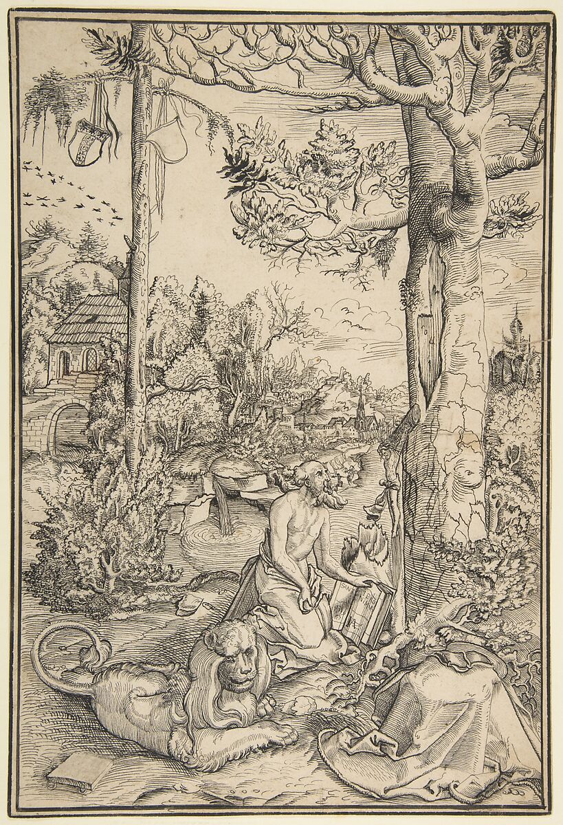 The Penitent St. Jerome, Jost Amman (Swiss, Zurich before 1539–1591 Nuremberg), Pen and black and gray ink. Double framing line in pen and black ink, by the artist. 