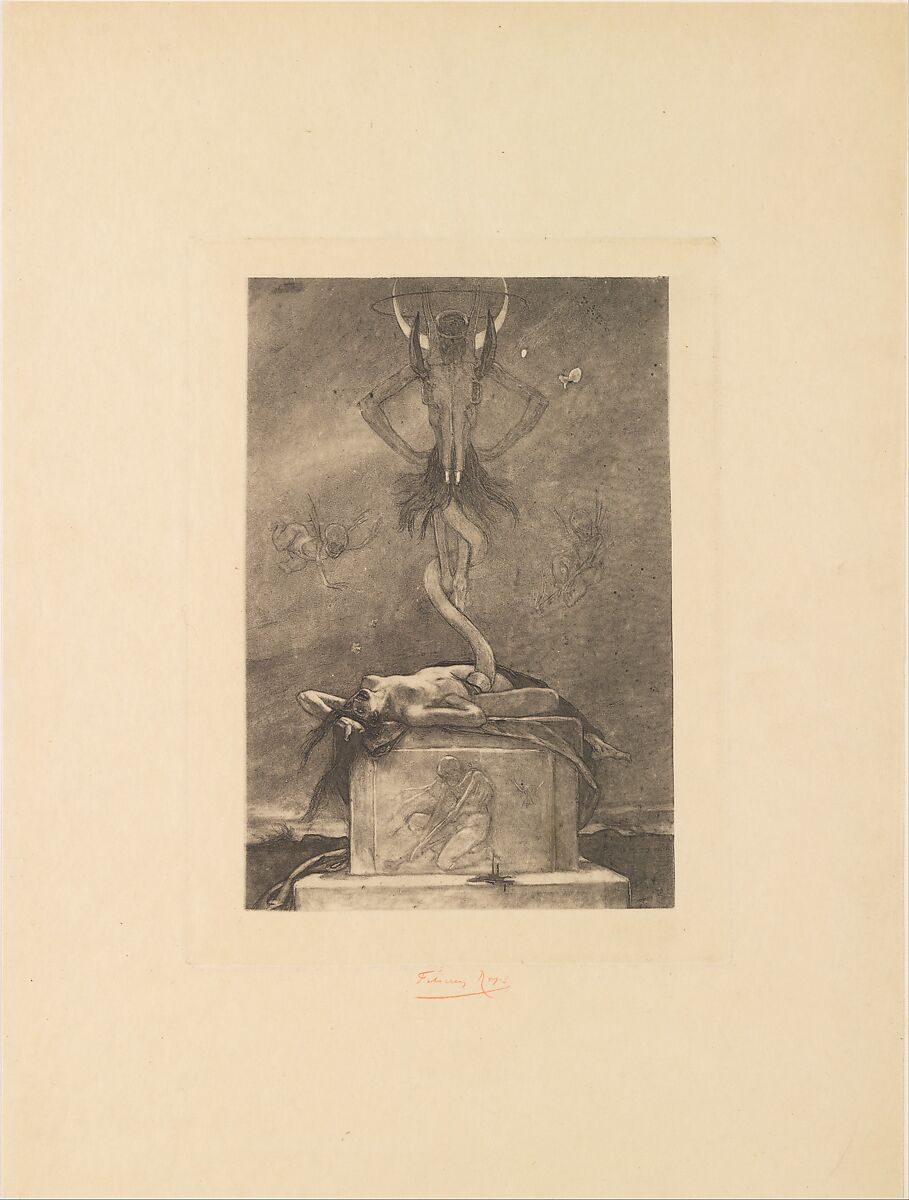 The Sacrifice, from "The Satanic Ones", Félicien Rops (Belgian, Namur 1833–1898 Essonnes), Soft-ground etching, reproduced in heliogravure 