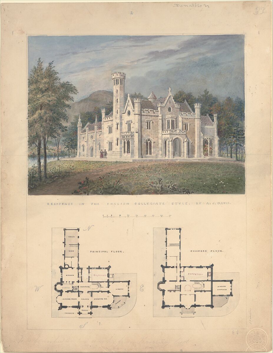Villa for Robert Donaldson, Fishkill Landing, New York (perspective and plans), Alexander Jackson Davis (American, New York 1803–1892 West Orange, New Jersey), Watercolor 