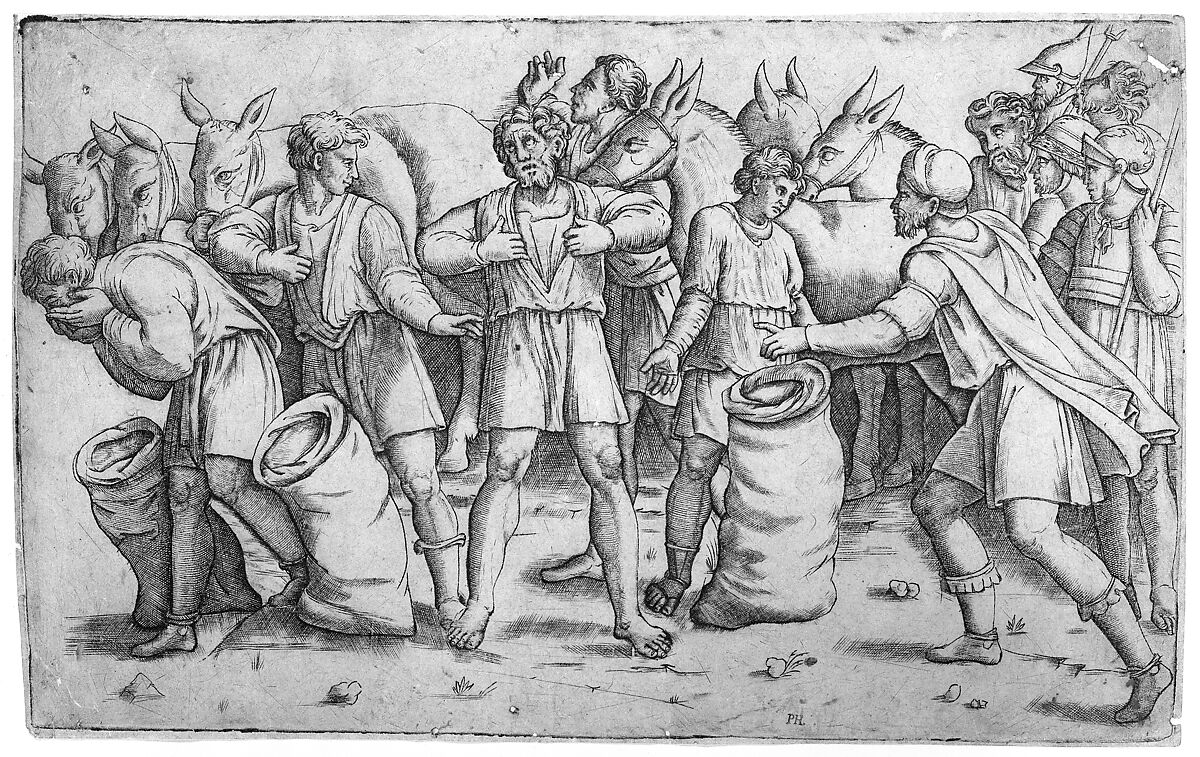 Joseph's cup found in Benjamin's sack from the biblical story of Joseph (Genesis 44); a scene with soldiers, mules and various figures, Giovanni Antonio da Brescia (Italian, active ca. 1490–ca. 1525), Engraving 