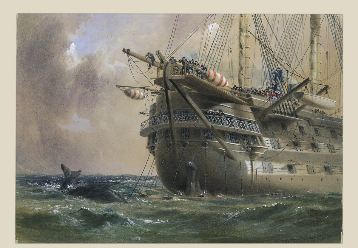 H.M.S. Agamemnon Laying the Atlantic Telegraph Cable in 1858: a Whale Crosses the Line, Robert Charles Dudley (British, 1826–1909), Watercolor over graphite with touches of gouache (bodycolor)