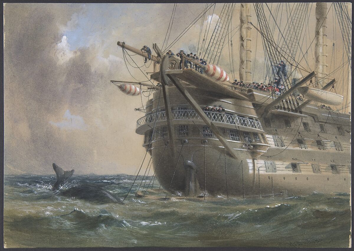 H.M.S. Agamemnon Laying the Atlantic Telegraph Cable in 1858: a Whale Crosses the Line, Robert Charles Dudley (British, 1826–1909), Watercolor over graphite with touches of gouache (bodycolor) 