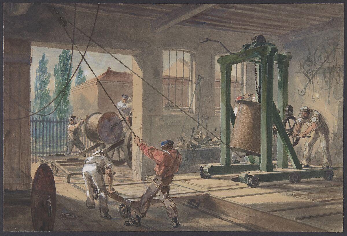 The Reels of Gutta-percha Covered Conducting Wire Conveyed into Tanks at the Works of the Telegraph Construction and Maintenance Company, at Greenwich, Robert Charles Dudley (British, 1826–1909), Watercolor over graphite with touches of gouache (bodycolor) 