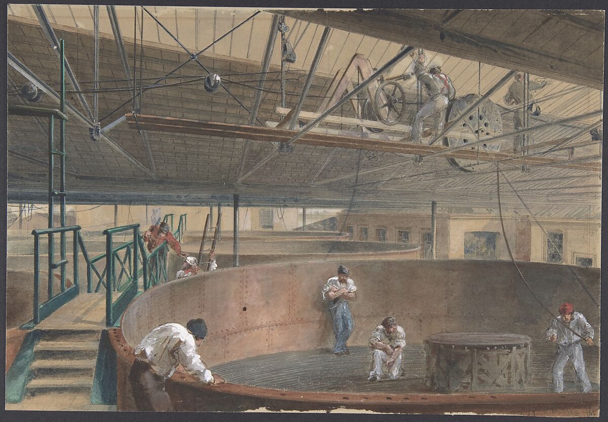 Coiling the Cable in the Large Tanks at the Works of the Telegraph Construction and Maintenance Company of Greenwich, 1865, Robert Charles Dudley (British, 1826–1909), Watercolor over graphite with touches of gouache (bodycolor) 