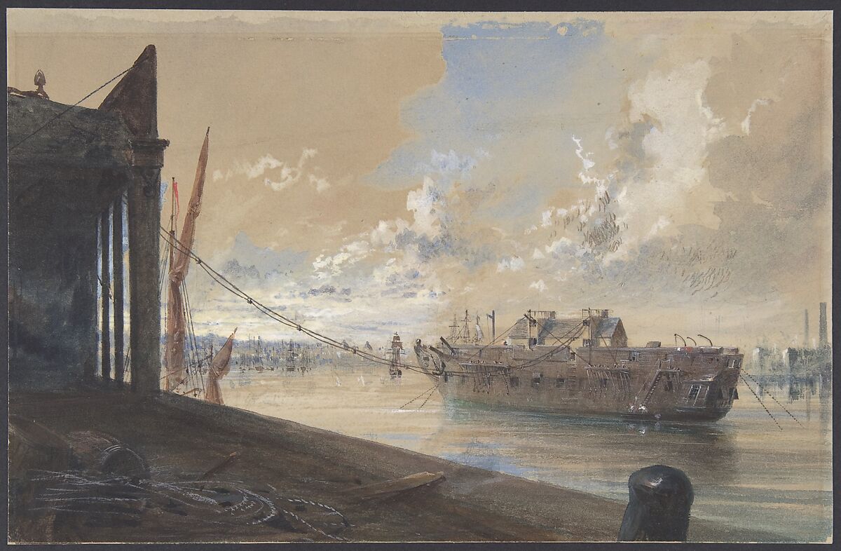 The Cable Passed From the Works into the Hulk (the Old Frigate Iris) Lying in the Thames at Greenwich, Robert Charles Dudley (British, 1826–1909), Watercolor over graphite with touches of gouache (bodycolor) 
