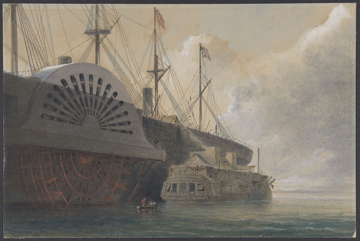 The Old Frigate Iris with Her Freight of Cable Alongside the Great Eastern at Sheerness: The Cable Passed from the Hulk to the Great Eastern, Robert Charles Dudley (British, 1826–1909), Watercolor over graphite with touches of gouache (bodycolor) 