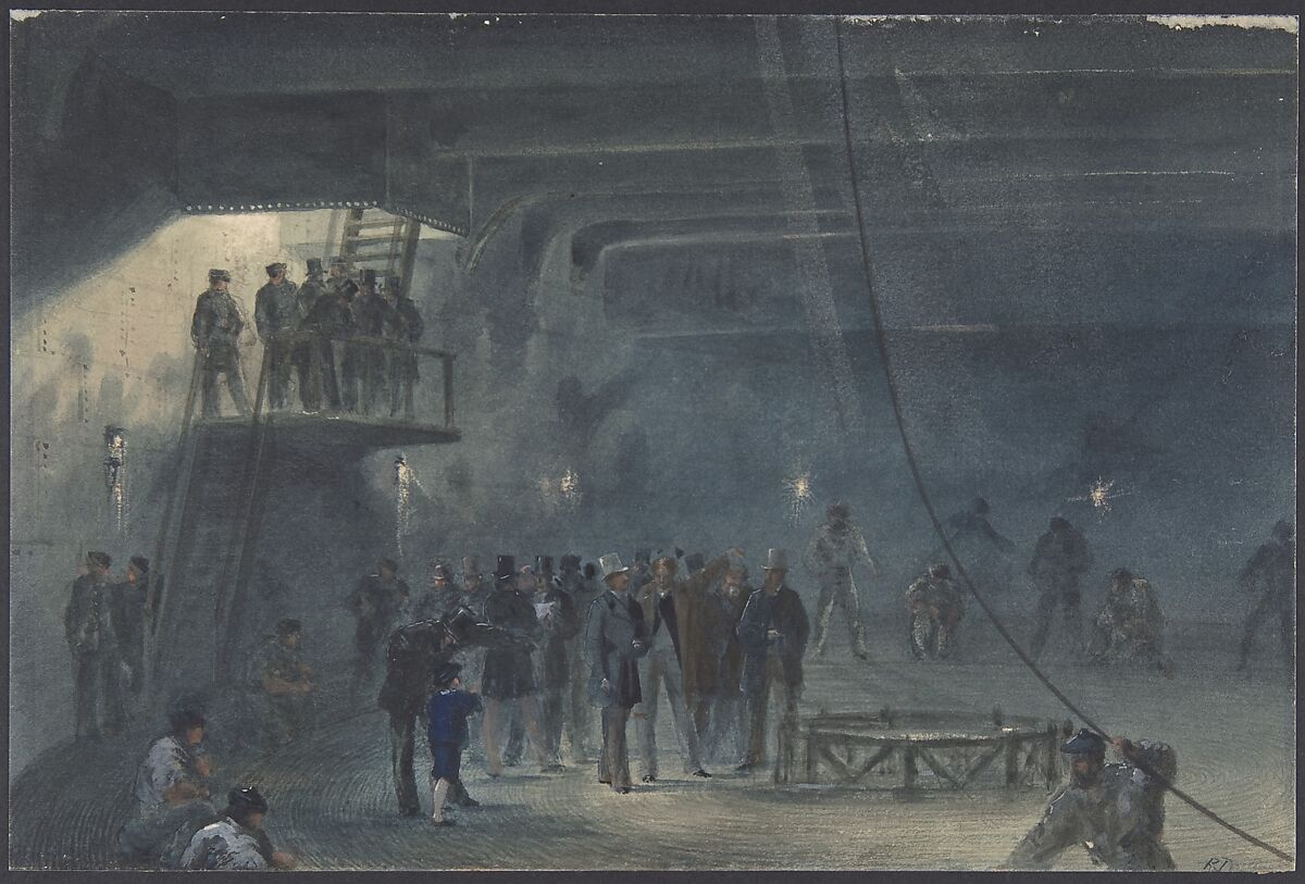Coiling the Cable in the After-tank on Board the Great Eastern at Sheerness: Visit of H.R.H. the Prince of Wales on May 23rd, 1865, Robert Charles Dudley (British, 1826–1909), Watercolor over graphite with touches of gouache (bodycolor) 