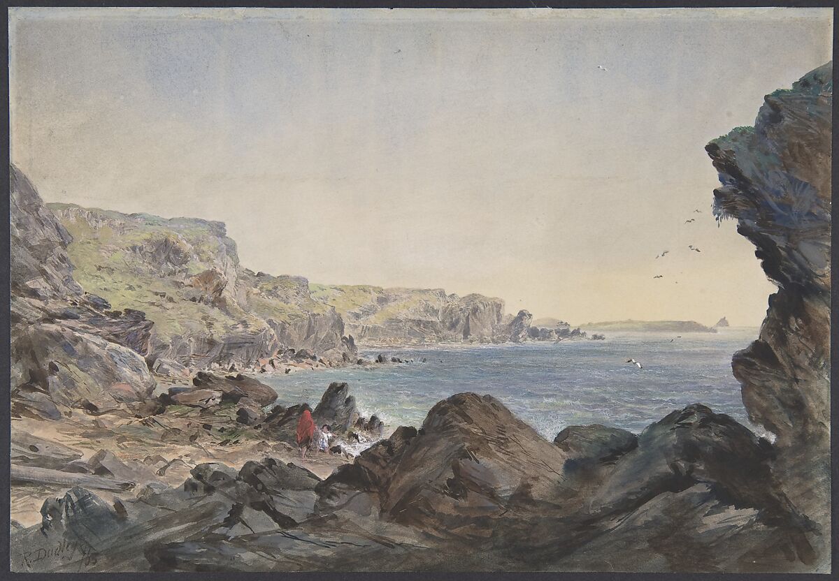 Foilhummerum Bay, Valentia, Looking Seawards from the Point at Which the Cable Reaches the Shore of Ireland, Robert Charles Dudley (British, 1826–1909), Watercolor over graphite with touches of gouache (bodycolor) 