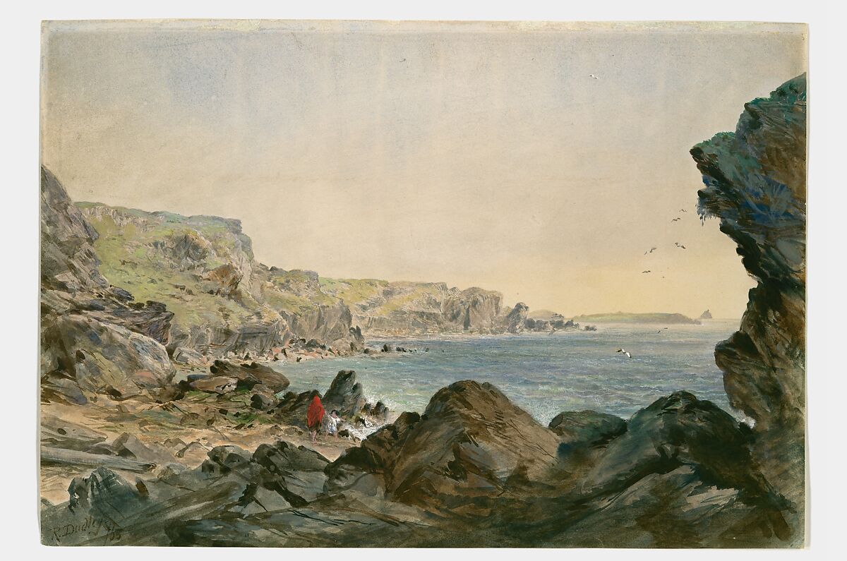 Foilhummerum Bay, Valentia, Looking Seawards from the Point at Which the Cable Reaches the Shore of Ireland, Robert Charles Dudley (British, 1826–1909), Watercolor over graphite with touches of gouache (bodycolor)