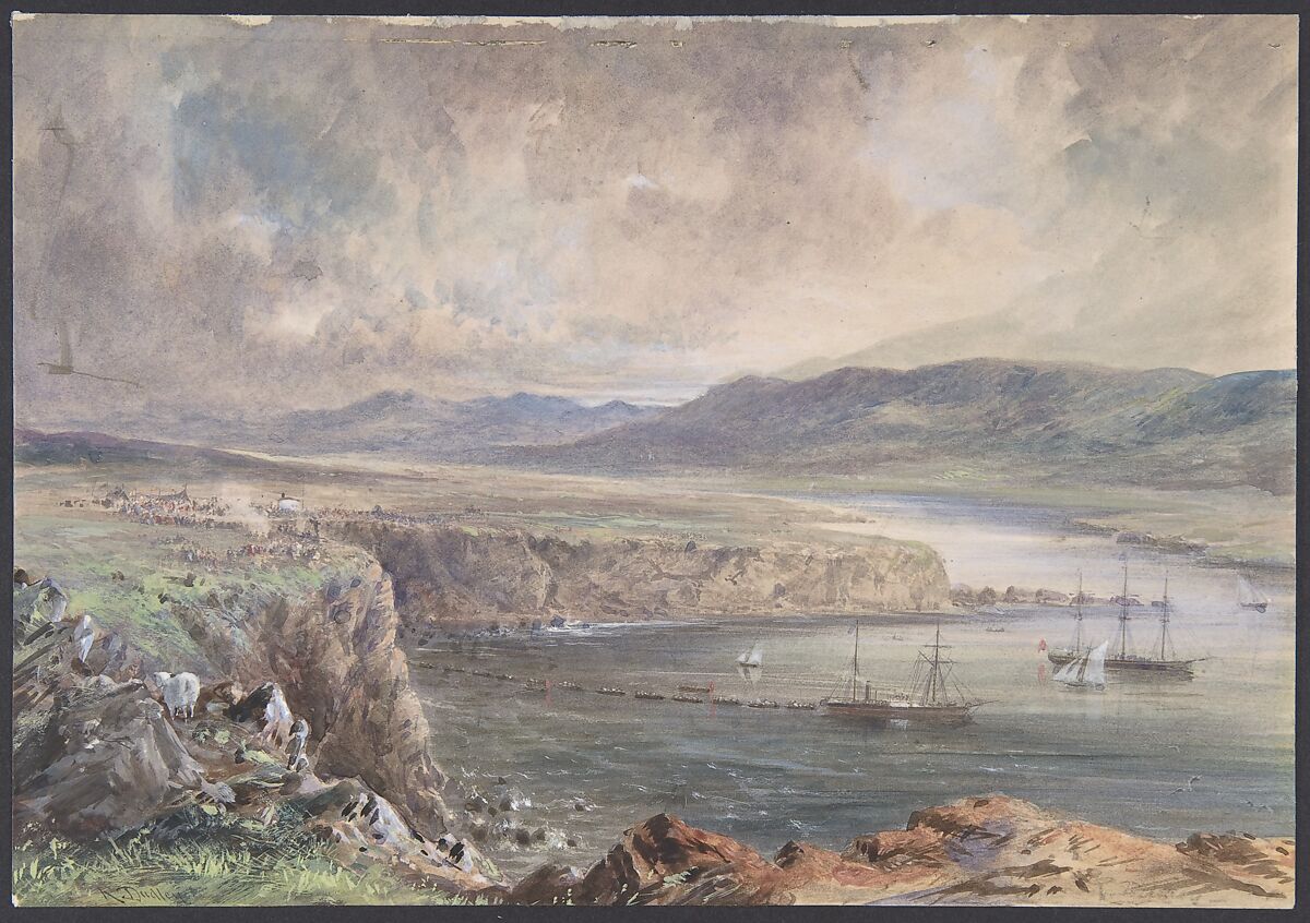 Foilhummerum Bay, Valentia, Looking from Cromwell Fort: The Caroline and Boats Laying the Earth Wire, July 21st, 1865, Robert Charles Dudley (British, 1826–1909), Watercolor over graphite with touches of gouache (bodycolor) 