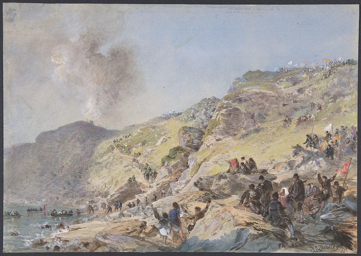 The Cliffs, Foilhummerum Bay, Valentia, the Point at Which the Shore-end of the Cable was Landed on July 22nd, 1865, Robert Charles Dudley (British, 1826–1909), Watercolor over graphite with touches of gouache (bodycolor) 