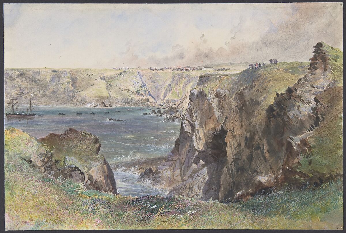 Foilhummerum Bay, Valentia, from Cromwell Fort: The Caroline Laying the Earthwire on July 21st, 1865, Robert Charles Dudley (British, 1826–1909), Watercolor over graphite with touches of gouache (bodycolor) 