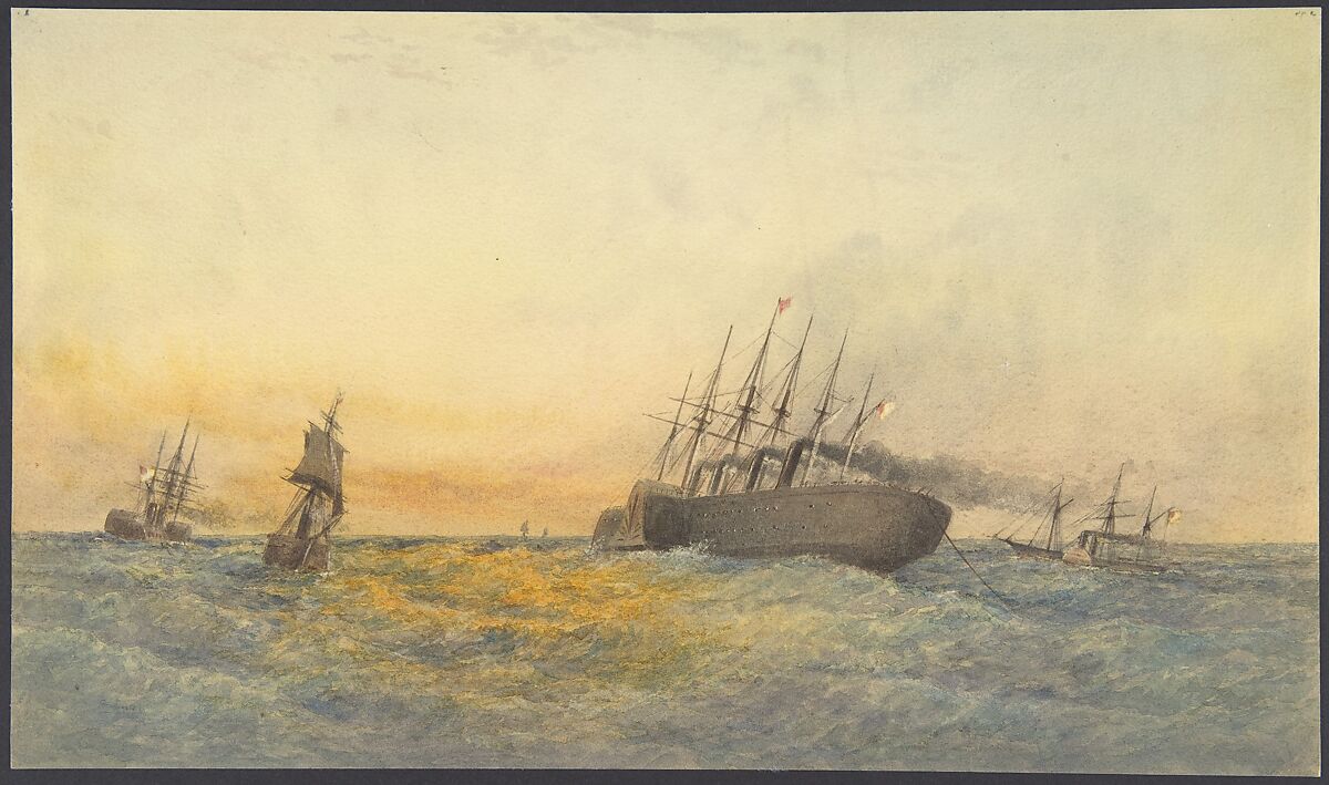 The Great Eastern Under Weigh, July 23rd, 1865: Escort and other Ships, H.M.S. Terrible, H.M.S. Sphinx, The Hawk and Revised: The Caroline, Robert Charles Dudley (British, 1826–1909), Watercolor over graphite with touches of gouache (bodycolor) 