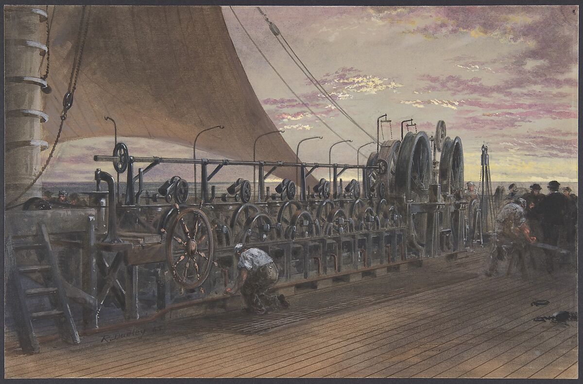 The Paying-out Machinery in the Stern of the Great Eastern, Robert Charles Dudley (British, 1826–1909), Watercolor over graphite with touches of gouache (bodycolor) 