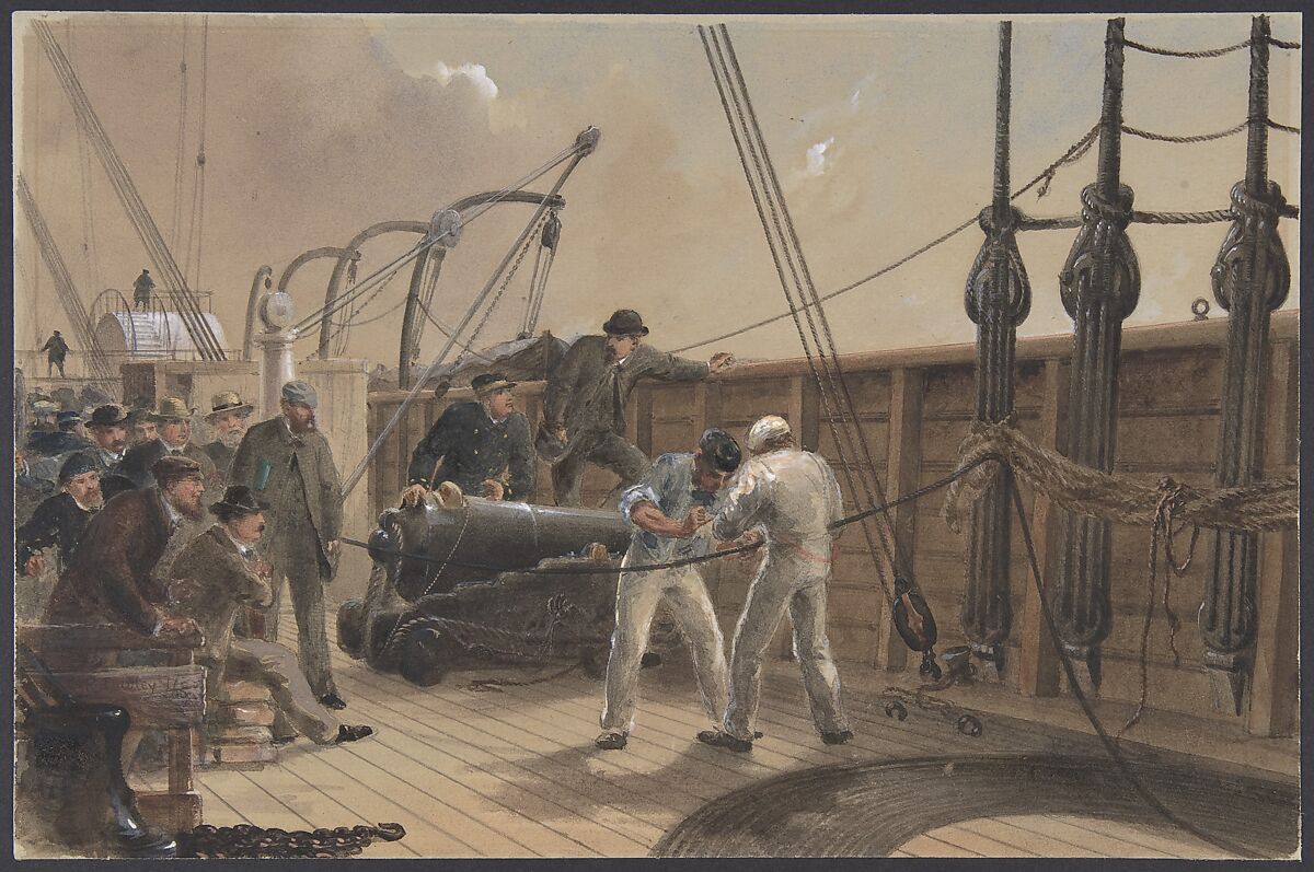 Splicing the Cable (after the First Accident) on Board the Great Eastern, July 25th, 1865, Robert Charles Dudley (British, 1826–1909), Watercolor over graphite with touches of gouache (bodycolor) 