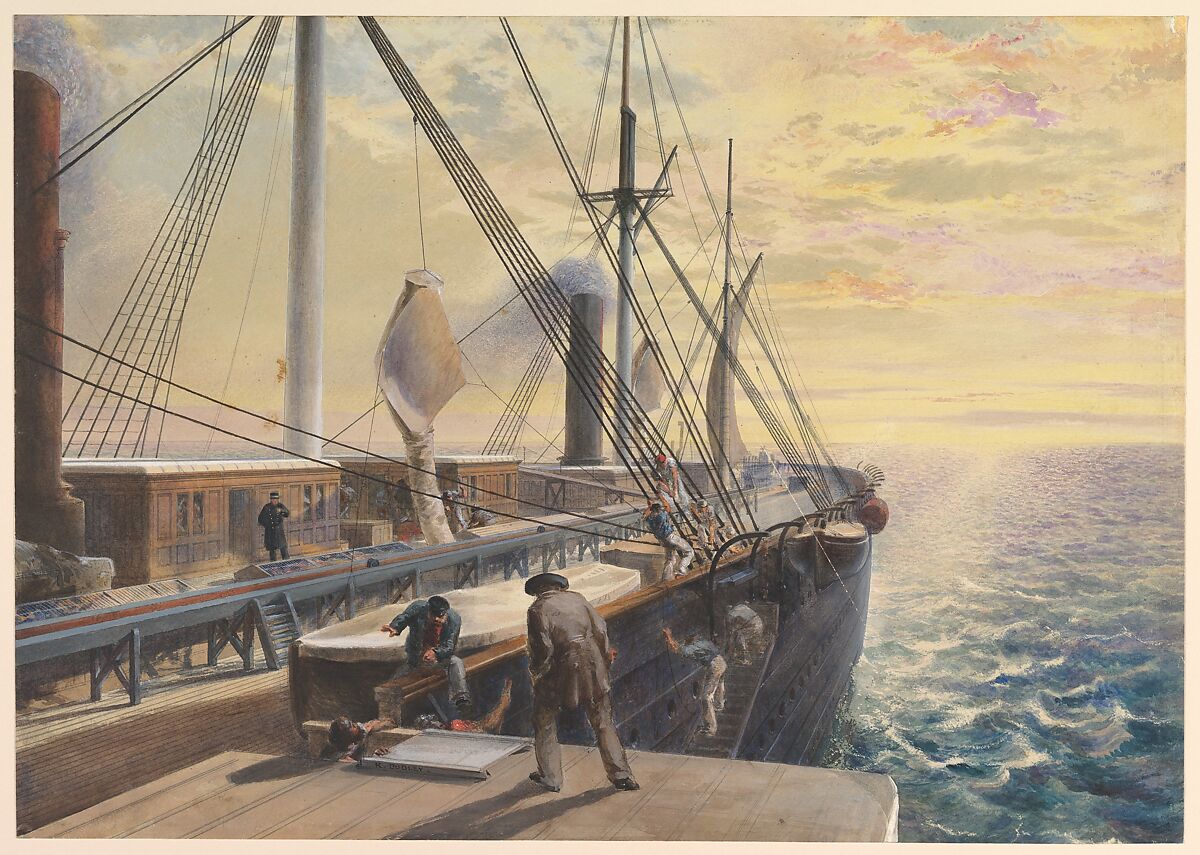 View, Looking Aft, from the Port Paddle Box of the Great Eastern, Showing the Trough for the Cable, etc., Robert Charles Dudley (British, 1826–1909), Watercolor over graphite with touches of gouache (bodycolor) 