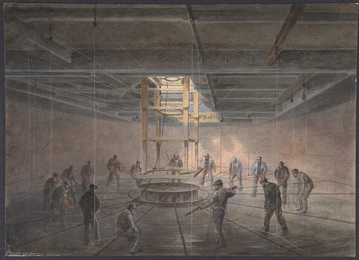 Interior of One of the Tanks on Board the Great Eastern: The Cable Passing Out, Robert Charles Dudley (British, 1826–1909), Watercolor over graphite with touches of gouache (bodycolor) 