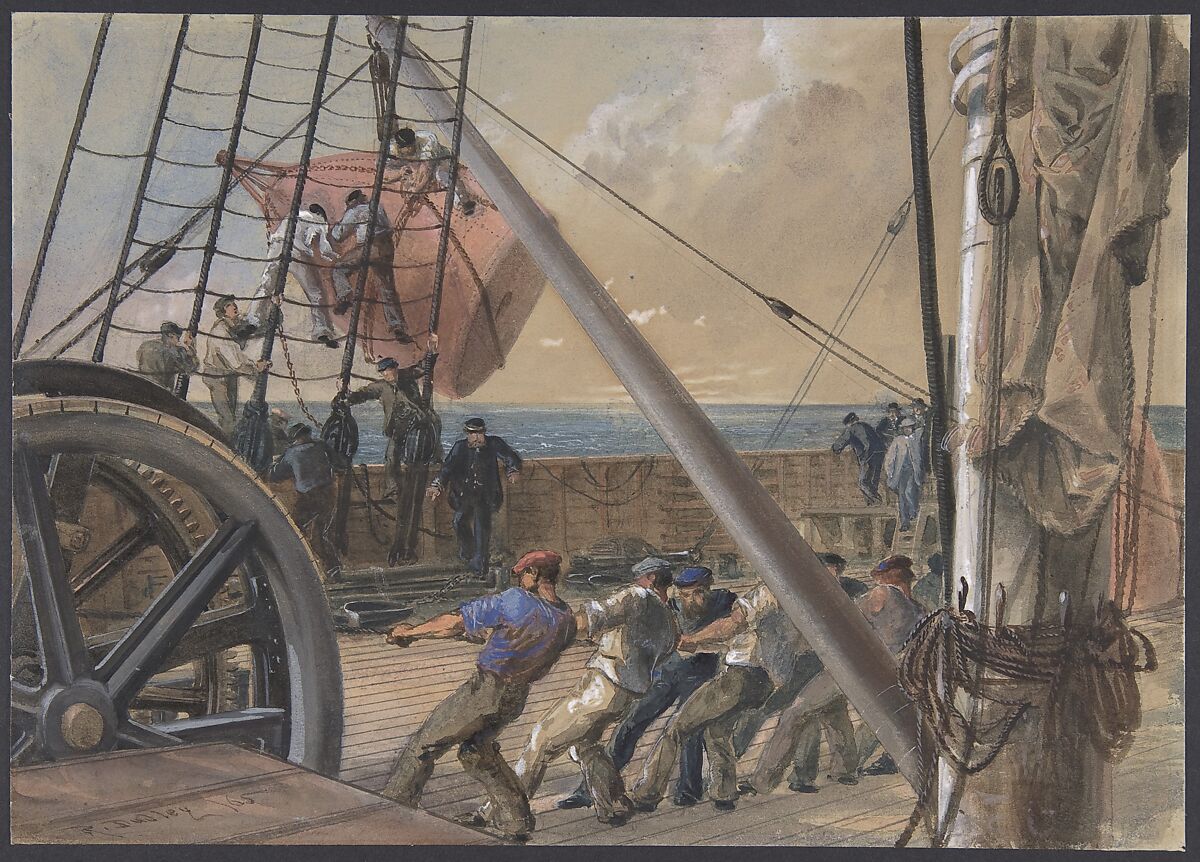 Getting Out One of the Large Buoys for Launching, August 2nd, 1865, Robert Charles Dudley (British, 1826–1909), Watercolor over graphite with touches of gouache (bodycolor) 