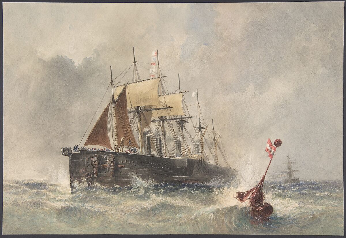 Launching the Buoy from the Bow of the Great Eastern on August 8th, 1865, Robert Charles Dudley (British, 1826–1909), Watercolor over graphite with touches of gouache (bodycolor) 