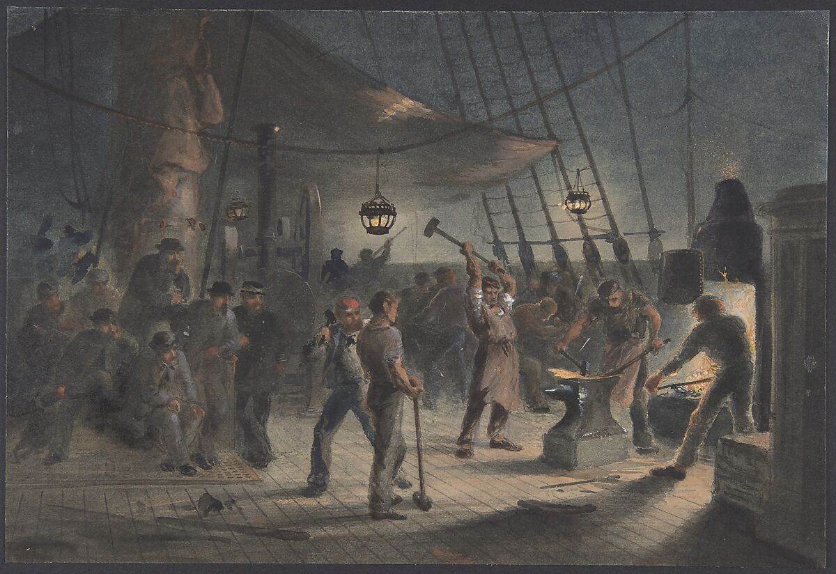 The Forge on Deck, Night of August 9th: Preparing the Iron Plating for Capstan, Robert Charles Dudley (British, 1826–1909), Watercolor over graphite with touches of gouache (bodycolor) 